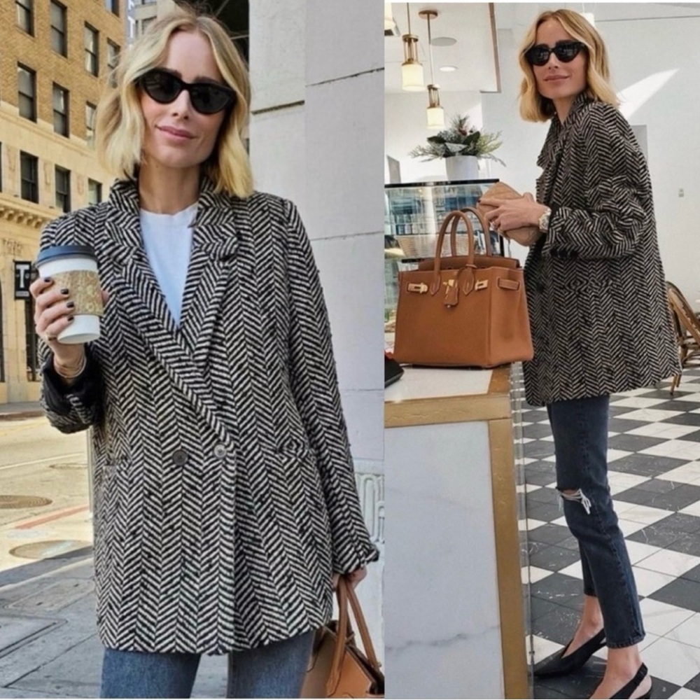 Anine Bing Double Breasted Fishbone Blazer Tweed Size XS